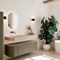 THOR-DLUX 150cm mueble de baño curva izquierda + derecha color Shadow con 1 cajón y 2 puertas. Lavabo suspendido CLOUD Izquierda sin orificio color Saba.