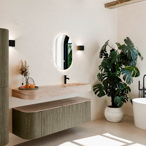 THOR-DLUX 150cm mueble de baño curva izquierda + derecha color Shadow con 1 cajón y 2 puertas. Lavabo suspendido CLOUD Derecho 1 orificio color Saba.