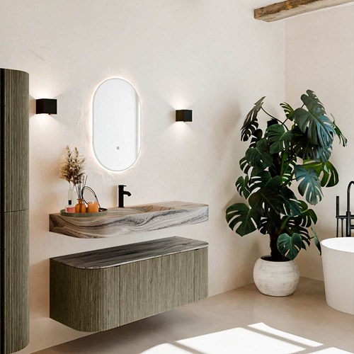 THOR-DLUX 120cm meubles de salle de bains courbe gauche + droite couleur Shadow avec 1 tiroir et 2 portes. Lavabo suspendu CLOUD Centrée 1 trou pour robinetter couleur Sombra.