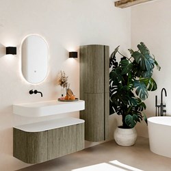THOR 100cm meubles de salle de bains courbe gauche + droite couleur Shadow avec 1 tiroir et 2 portes. Lavabo suspendu CLOUD Gauche sans trou pour robinet couleur Talc.