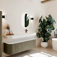 THOR 160cm mueble de baño curva izquierda + derecha color Shadow con 1 cajón y 2 puertas. Lavabo suspendido CLOUD Derecho 1 orificio color Talc.