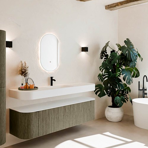 THOR 170cm meubles de salle de bains courbe gauche + droite couleur Shadow avec 1 tiroir et 2 portes. Lavabo suspendu CLOUD Centrée 1 trou pour robinetter couleur Talc.
