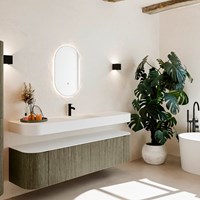 THOR 180cm meubles de salle de bains courbe gauche + droite couleur Shadow avec 2 tiroirs et 2 portes. Lavabo suspendu CLOUD Centrée 1 trou pour robinetter couleur Talc.