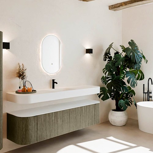 THOR 180cm meubles de salle de bains courbe gauche + droite couleur Shadow avec 2 tiroirs et 2 portes. Lavabo suspendu CLOUD Centrée 1 trou pour robinetter couleur Talc.