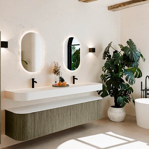 THOR 200cm meubles de salle de bains courbe gauche + droite couleur Shadow avec 2 tiroirs et 2 portes. Lavabo suspendu CLOUD Double 2 trous robinetterie couleur Talc.