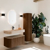 THOR-DLUX 100cm bathroom vanity set curve left + right color Walnut with 1 drawer and 2 doors. Wall mounted sink CLOUD Center 1 tab hole color Arena.