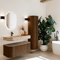 THOR-DLUX 110cm mueble de baño curva izquierda + derecha color Walnut con 1 cajón y 2 puertas. Lavabo suspendido CLOUD Izquierda 1 orificio color Arena.