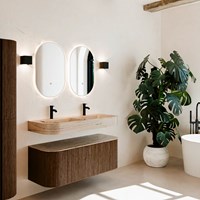 THOR-DLUX 120cm bathroom vanity set curve left + right color Walnut with 1 drawer and 2 doors. Wall mounted sink CLOUD Double 2 tab holes color Arena.
