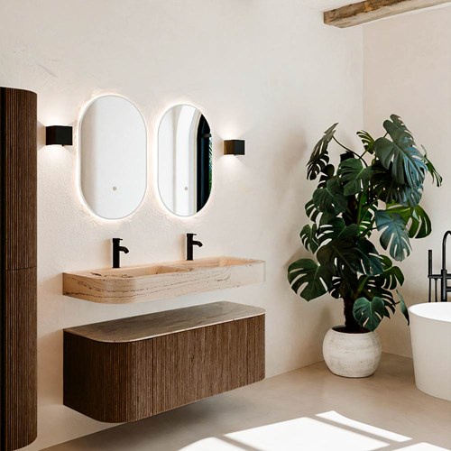 THOR-DLUX 120cm bathroom vanity set curve left + right color Walnut with 1 drawer and 2 doors. Wall mounted sink CLOUD Double 2 tab holes color Arena.