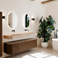 THOR-DLUX 170cm badmeubel ronding links + rechts kleur Walnut met 1 lade en 2 deuren. Vrijhangende wastafel CLOUD Dubbel zonder kraangat kleur Arena.