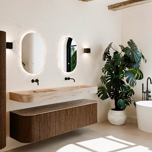 THOR-DLUX 170cm badmeubel ronding links + rechts kleur Walnut met 1 lade en 2 deuren. Vrijhangende wastafel CLOUD Dubbel zonder kraangat kleur Arena.