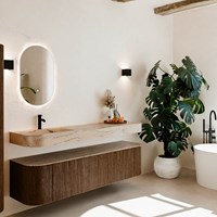 THOR-DLUX 180cm mueble de baño curva izquierda + derecha color Walnut con 2 cajones y 2 puertas. Lavabo suspendido CLOUD Izquierda 1 orificio color Arena.