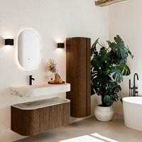 THOR-DLUX 100cm bathroom vanity set curve left + right color Walnut with 1 drawer and 2 doors. Floating sink CLOUD Left 1 tab hole color Frappe.