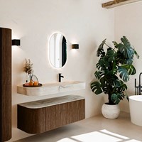 THOR-DLUX 130cm mueble de baño curva izquierda + derecha color Walnut con 1 cajón y 2 puertas. Lavabo suspendido CLOUD Derecho 1 orificio color Frappe.