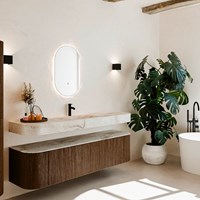 THOR-DLUX 180cm meubles de salle de bains courbe gauche + droite couleur Walnut avec 2 tiroirs et 2 portes. Lavabo suspendu CLOUD Centrée 1 trou pour robinetter couleur Frappe.