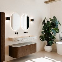 THOR-DLUX 120cm meubles de salle de bains courbe gauche + droite couleur Walnut avec 1 tiroir et 2 portes. Lavabo suspendu CLOUD Double sans trou pour robinet couleur Glace.