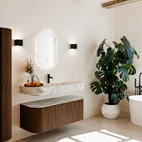 THOR-DLUX 120cm bathroom vanity set curve left + right color Walnut with 1 drawer and 2 doors. Floating sink CLOUD Center 1 tab hole color Glace.
