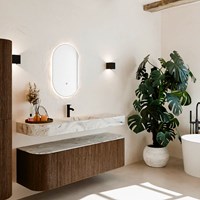 THOR-DLUX 150cm bathroom vanity set curve left + right color Walnut with 1 drawer and 2 doors. Floating sink CLOUD Center 1 tab hole color Glace.