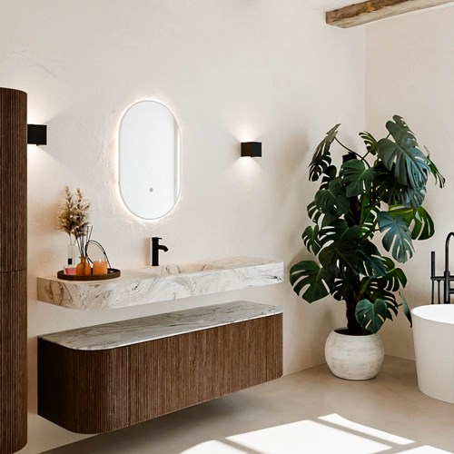 THOR-DLUX 150cm bathroom vanity set curve left + right color Walnut with 1 drawer and 2 doors. Floating sink CLOUD Center 1 tab hole color Glace.