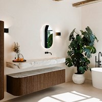 THOR-DLUX 170cm mueble de baño curva izquierda + derecha color Walnut con 1 cajón y 2 puertas. Lavabo suspendido CLOUD Derecho sin orificio color Glace.