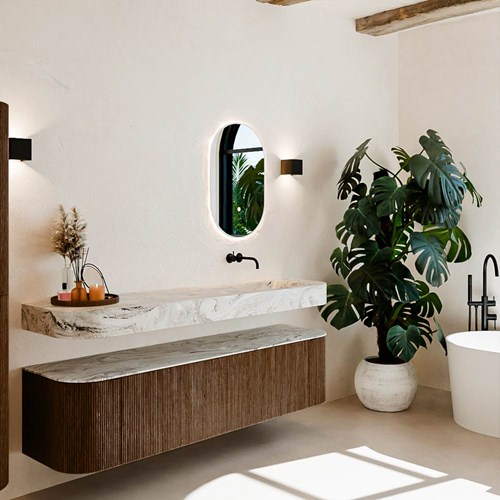 THOR-DLUX 180cm mueble de baño curva izquierda + derecha color Walnut con 2 cajones y 2 puertas. Lavabo suspendido CLOUD Derecho sin orificio color Glace.