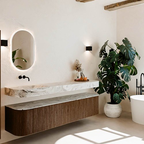 THOR-DLUX 200cm mueble de baño curva izquierda + derecha color Walnut con 2 cajones y 2 puertas. Lavabo suspendido CLOUD Izquierda sin orificio color Glace.