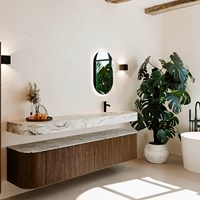 THOR-DLUX 200cm meubles de salle de bains courbe gauche + droite couleur Walnut avec 2 tiroirs et 2 portes. Lavabo suspendu CLOUD Droite 1 trou pour robinetter couleur Glace.