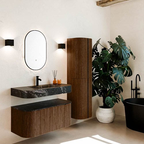 THOR-DLUX 100cm badmeubel ronding links + rechts kleur Walnut met 1 lade en 2 deuren. Vrijhangende wastafel CLOUD Midden 1 kraangat kleur Lava.