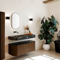 THOR-DLUX 120cm badmeubel ronding links + rechts kleur Walnut met 1 lade en 2 deuren. Vrijhangende wastafel CLOUD Links zonder kraangat kleur Lava.