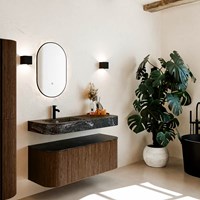 THOR-DLUX 120cm bathroom vanity set curve left + right color Walnut with 1 drawer and 2 doors. Floating sink CLOUD Left 1 tab hole color Lava.