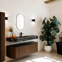 THOR-DLUX 140cm bathroom vanity set curve left + right color Walnut with 1 drawer and 2 doors. Floating sink CLOUD Center 1 tab hole color Lava.