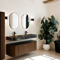 THOR-DLUX 140cm meubles de salle de bains courbe gauche + droite couleur Walnut avec 1 tiroir et 2 portes. Lavabo suspendu CLOUD Double 2 trous robinetterie couleur Lava.