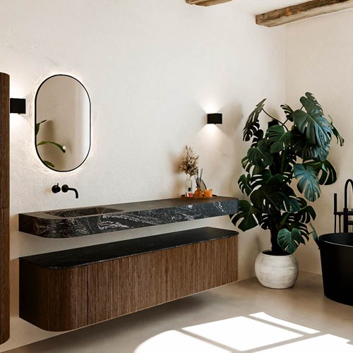 THOR-DLUX 190cm badmeubel ronding links + rechts kleur Walnut met 2 lades en 2 deuren. Vrijhangende wastafel CLOUD Links zonder kraangat kleur Lava.