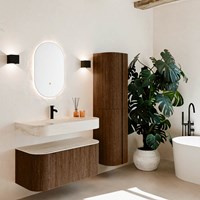 THOR-DLUX 100cm badmeubel ronding links + rechts kleur Walnut met 1 lade en 2 deuren. Vrijhangende wastafel CLOUD Midden 1 kraangat kleur Meli.