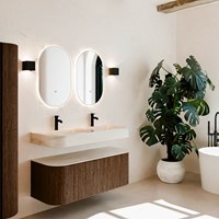 THOR-DLUX 120cm badmeubel ronding links + rechts kleur Walnut met 1 lade en 2 deuren. Vrijhangende wastafel CLOUD Dubbel 2 kraangaten kleur Meli.