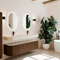 THOR-DLUX 170cm badmeubel ronding links + rechts kleur Walnut met 1 lade en 2 deuren. Vrijhangende wastafel CLOUD Dubbel 2 kraangaten kleur Meli.