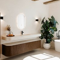 THOR-DLUX 200cm badmeubel ronding links + rechts kleur Walnut met 2 lades en 2 deuren. Vrijhangende wastafel CLOUD Midden 1 kraangat kleur Meli.