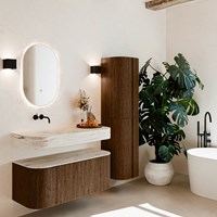 THOR-DLUX 110cm meubles de salle de bains courbe gauche + droite couleur Walnut avec 1 tiroir et 2 portes. Lavabo suspendu CLOUD Gauche sans trou pour robinet couleur Nata.
