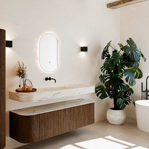 THOR-DLUX 160cm meubles de salle de bains courbe gauche + droite couleur Walnut avec 1 tiroir et 2 portes. Lavabo suspendu CLOUD Centrée sans trou pour robinet couleur Nata.