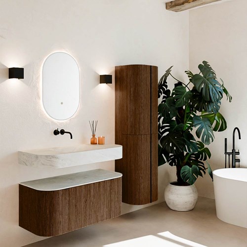 THOR-DLUX 100cm badmeubel ronding links + rechts kleur Walnut met 1 lade en 2 deuren. Vrijhangende wastafel CLOUD Midden zonder kraangat kleur Opalo.