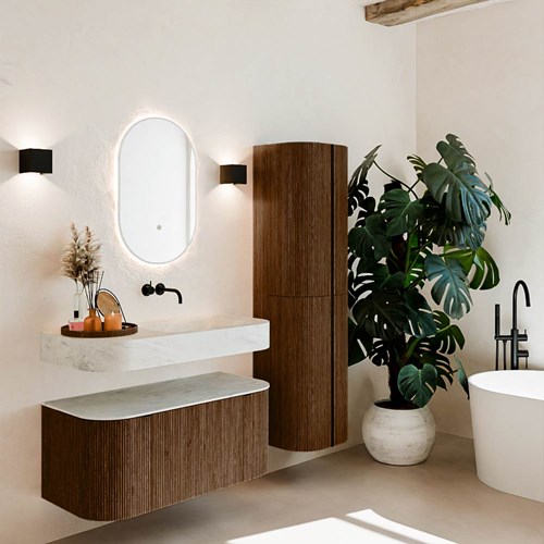 THOR-DLUX 100cm meubles de salle de bains courbe gauche + droite couleur Walnut avec 1 tiroir et 2 portes. Lavabo suspendu CLOUD Droite sans trou pour robinet couleur Opalo.