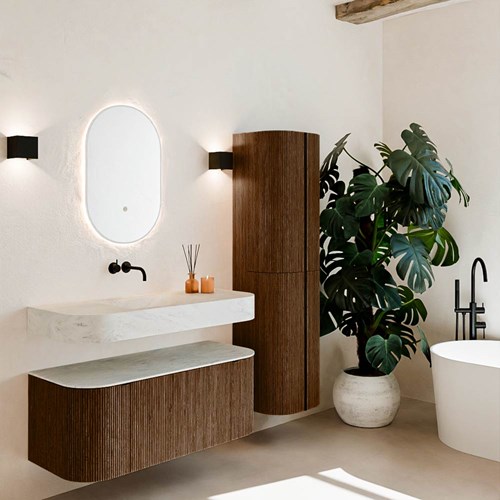 THOR-DLUX 110cm badmeubel ronding links + rechts kleur Walnut met 1 lade en 2 deuren. Vrijhangende wastafel CLOUD Midden zonder kraangat kleur Opalo.