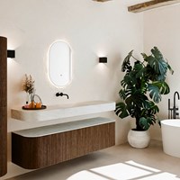 THOR-DLUX 170cm mueble de baño curva izquierda + derecha color Walnut con 1 cajón y 2 puertas. Lavabo suspendido CLOUD Centro sin orificio color Opalo.
