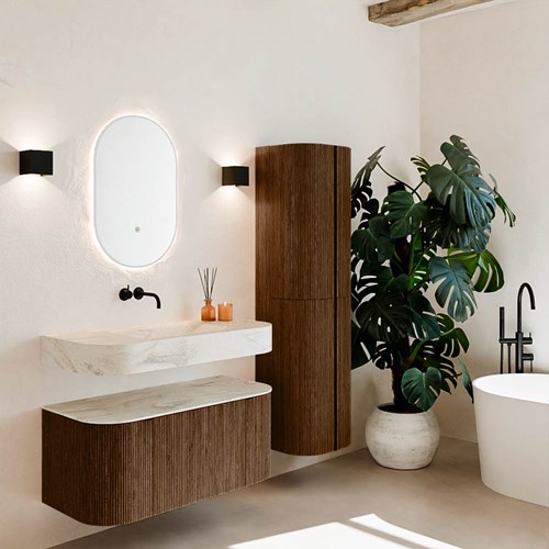 THOR-DLUX 100cm badmeubel ronding links + rechts kleur Walnut met 1 lade en 2 deuren. Vrijhangende wastafel CLOUD Midden zonder kraangat kleur Ostra.