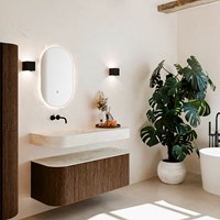 THOR-DLUX 120cm meubles de salle de bains courbe gauche + droite couleur Walnut avec 1 tiroir et 2 portes. Lavabo suspendu CLOUD Gauche sans trou pour robinet couleur Ostra.