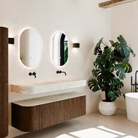 THOR-DLUX 150cm mueble de baño curva izquierda + derecha color Walnut con 1 cajón y 2 puertas. Lavabo suspendido CLOUD Doble sin orificio color Ostra.
