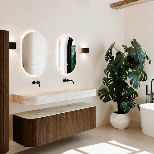 THOR-DLUX 150cm mueble de baño curva izquierda + derecha color Walnut con 1 cajón y 2 puertas. Lavabo suspendido CLOUD Doble sin orificio color Ostra.