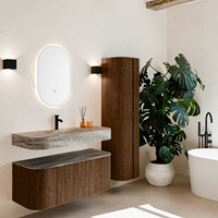 THOR-DLUX 110cm meubles de salle de bains courbe gauche + droite couleur Walnut avec 1 tiroir et 2 portes. Lavabo suspendu CLOUD Centrée 1 trou pour robinetter couleur Oza.