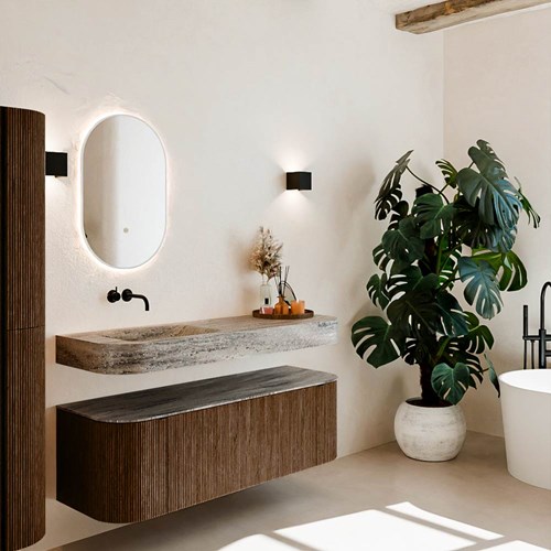 THOR-DLUX 140cm bathroom vanity set curve left + right color Walnut with 1 drawer and 2 doors. Wall mounted sink CLOUD Left without tab hole color Oza.