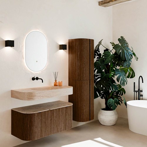 THOR-DLUX 100cm badmeubel ronding links + rechts kleur Walnut met 1 lade en 2 deuren. Vrijhangende wastafel CLOUD Midden zonder kraangat kleur Saba.